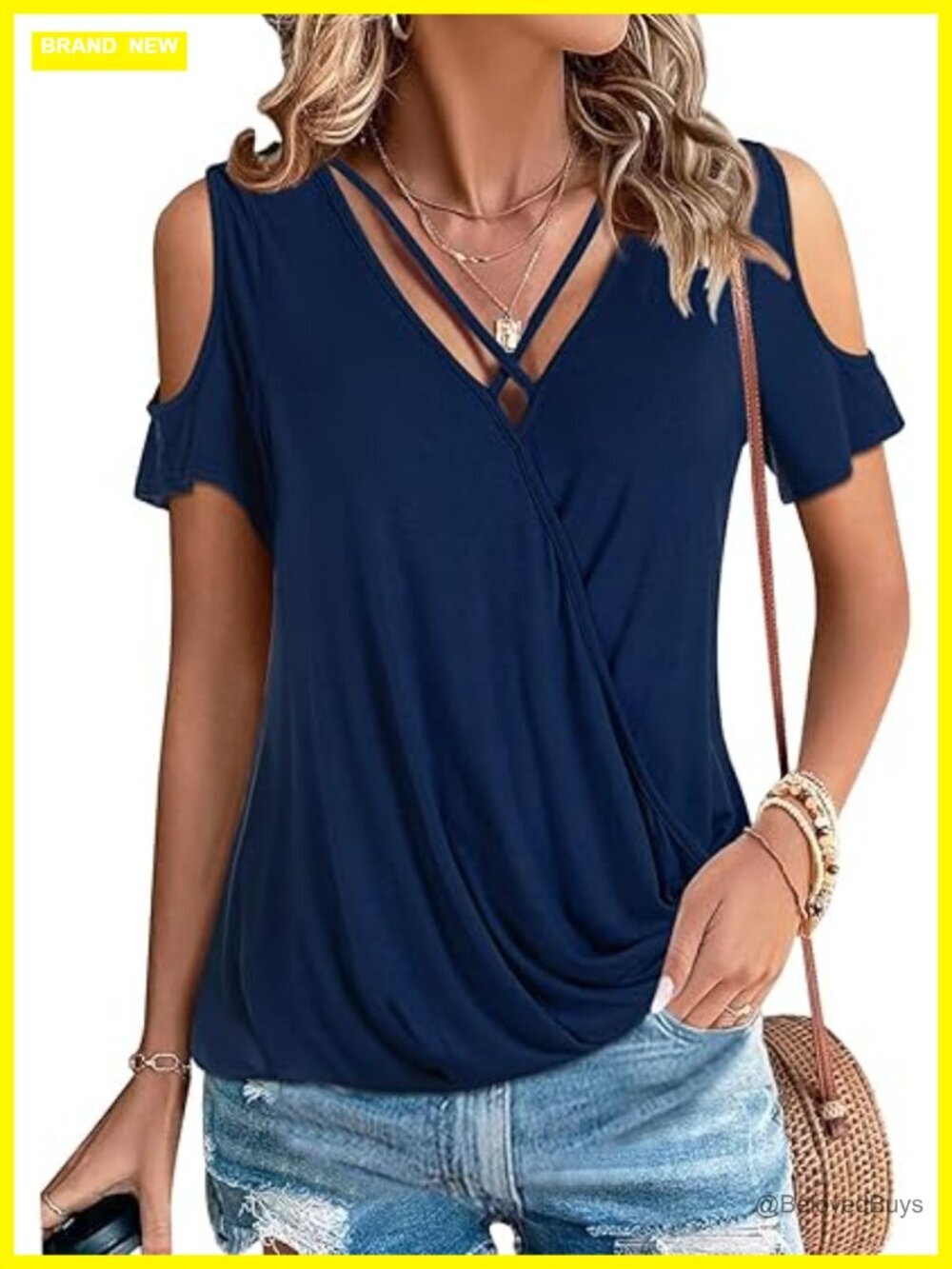 Women's Cold Shoulder Top V Neck Short Sleeve Blouse Casual